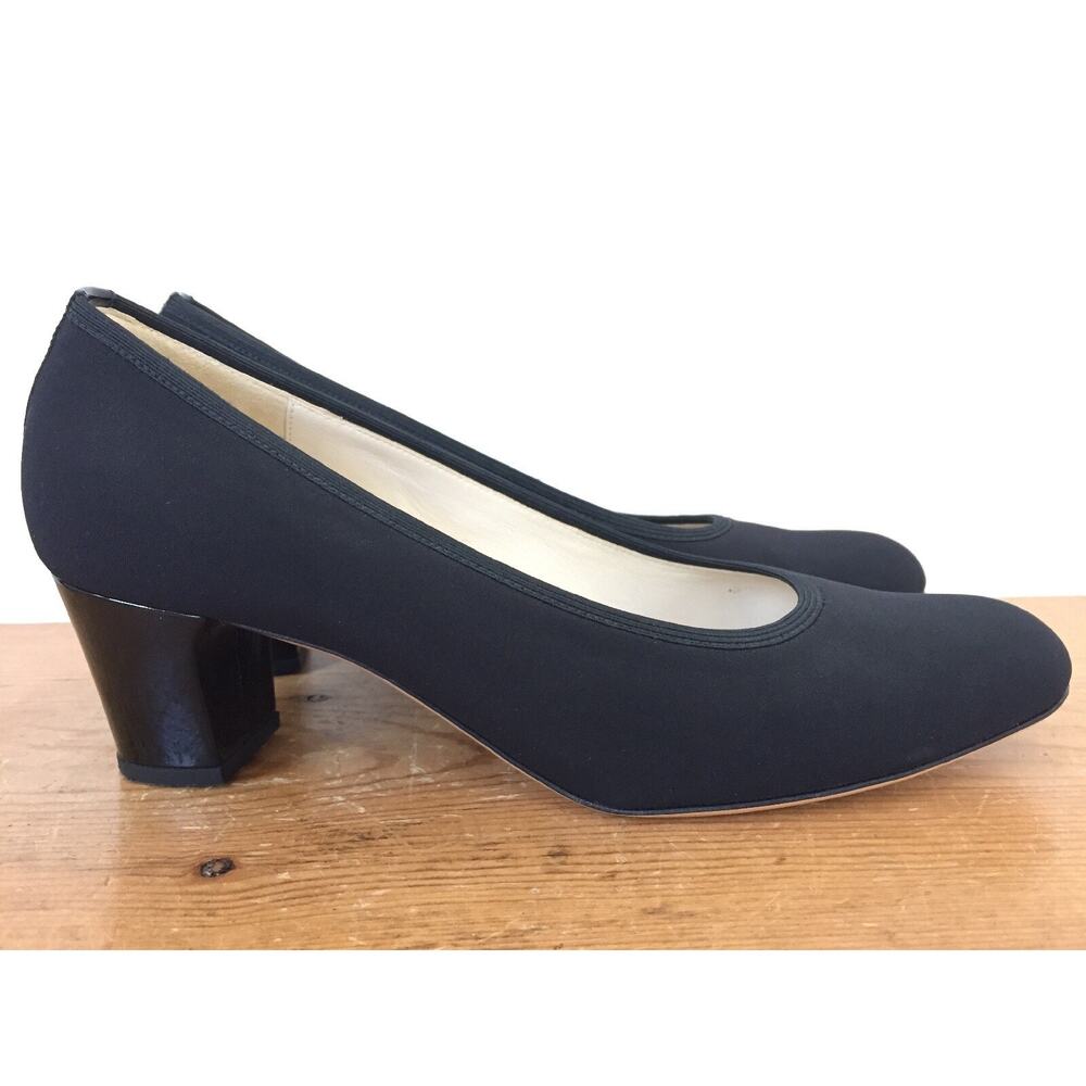 Vtg Figini Black Slip On Round Toe High Heel Block Pumps Fabric Casual US 7.5 38